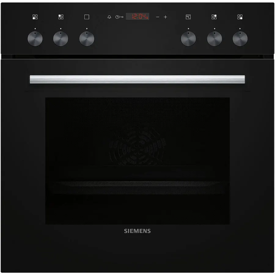 Schwarzer Siemens-Backofen mit Bedienknöpfen, Display und silbernem Griff. Die Ofentür ist dunkel und geschlossen.