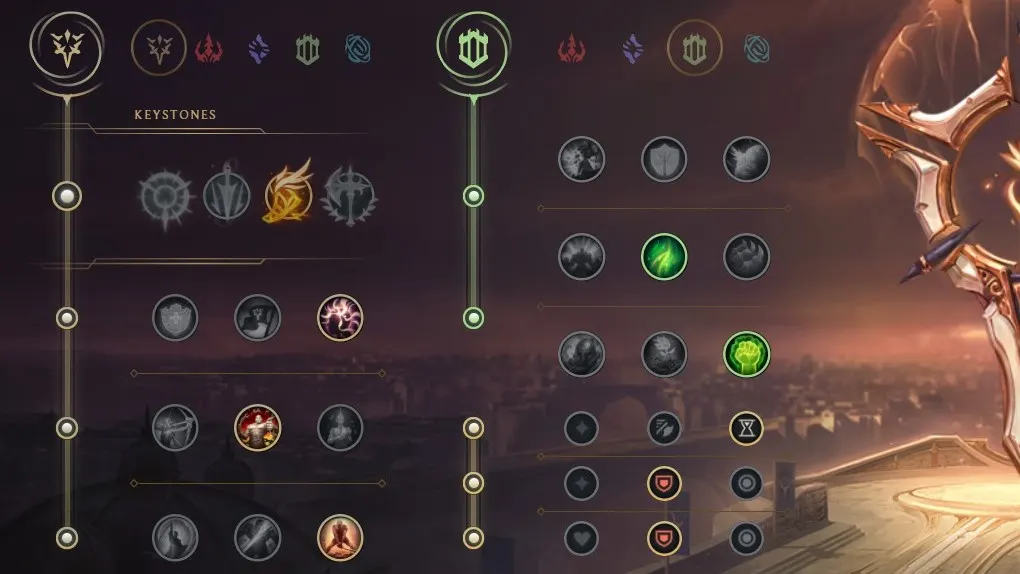 Das Layout zeigt Spiel-Icons, die in zwei vertikalen Pfaden angeordnet sind, mit einem goldenen Schwert rechts. Icons umfassen abstrakte Symbole.