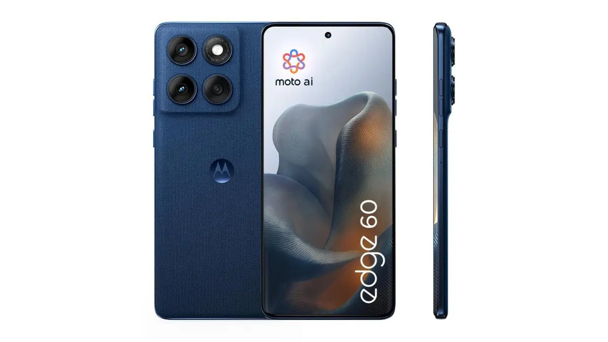 Das Smartphone Motorola Edge 60 von hinten, vorn und von der Seite vor weißem Hintergrund.