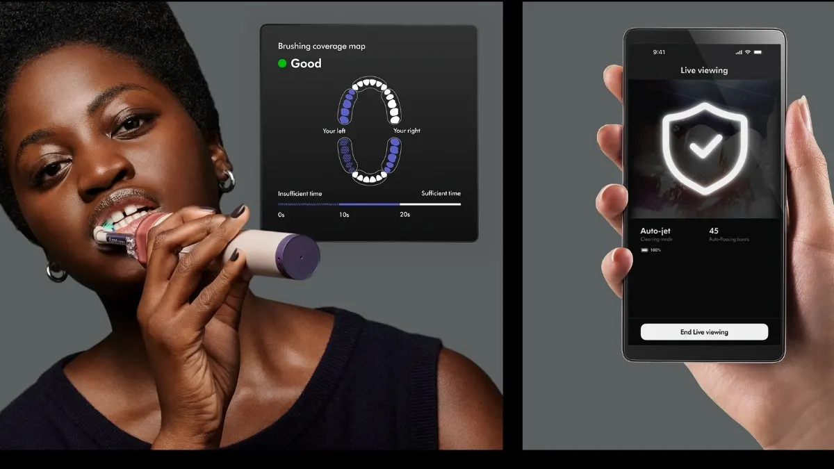 Eine Frau putzt sich mit der Dyson CameraJet die Zähne und nutzt die Smartphone-App.