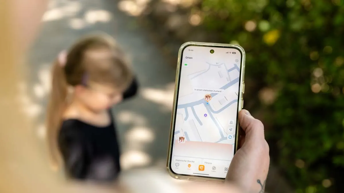 Franzi sieht sich den Standort ihrer Tochter in der imoo-App an.