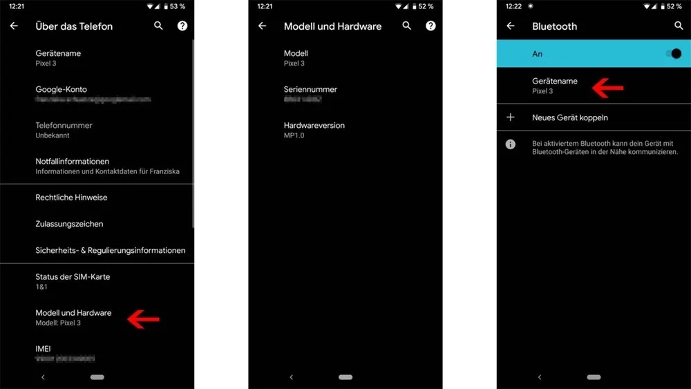 Drei Screenshots von Android-Telefoneinstellungen: "Über das Telefon", "Modell und Hardware" und "Bluetooth" sind angezeigt. Pfeile zeigen auf Geräteinformationen.