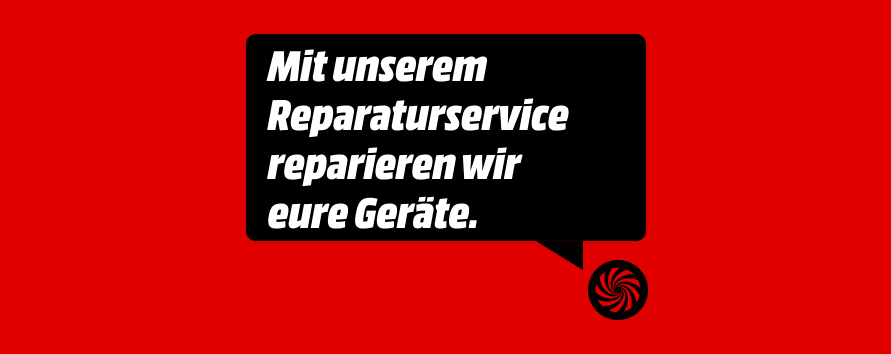 Schwarze Sprechblase auf rotem Hintergrund: " Mit unserem Reparaturservice reparieren wir eure Geräte."