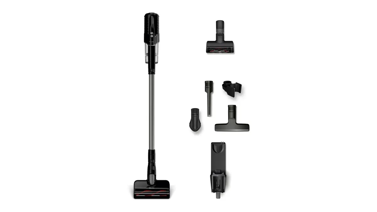 Der Miele-Staubsauger Duoflex HX1 Cat & Dog mit Zubehör vor weißem Hintergrund.