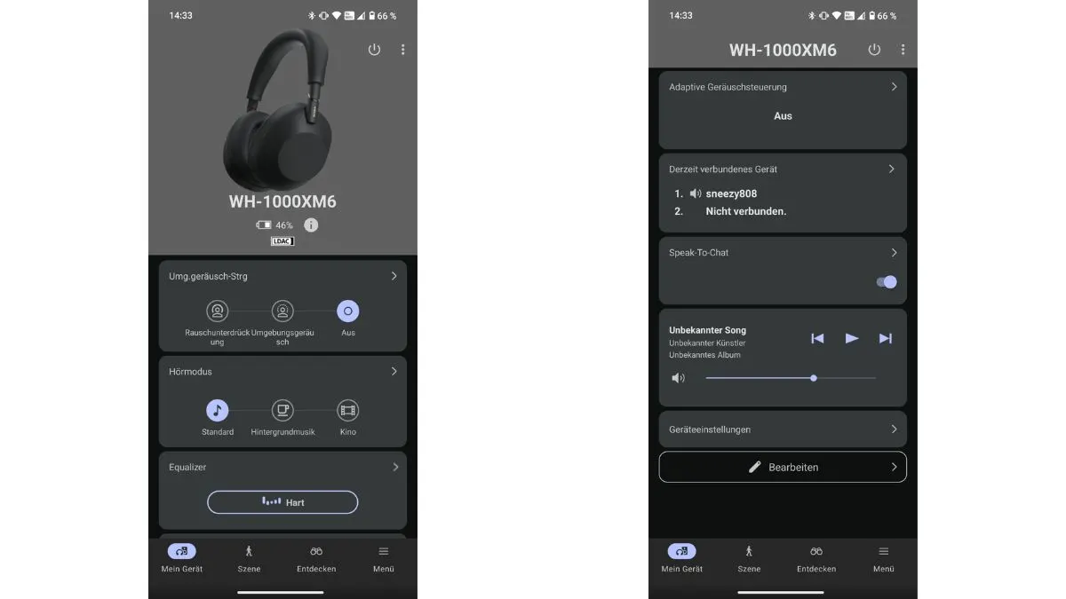 Zwei Screenshots der Sony-Kopfhörer-App Sound Connect.