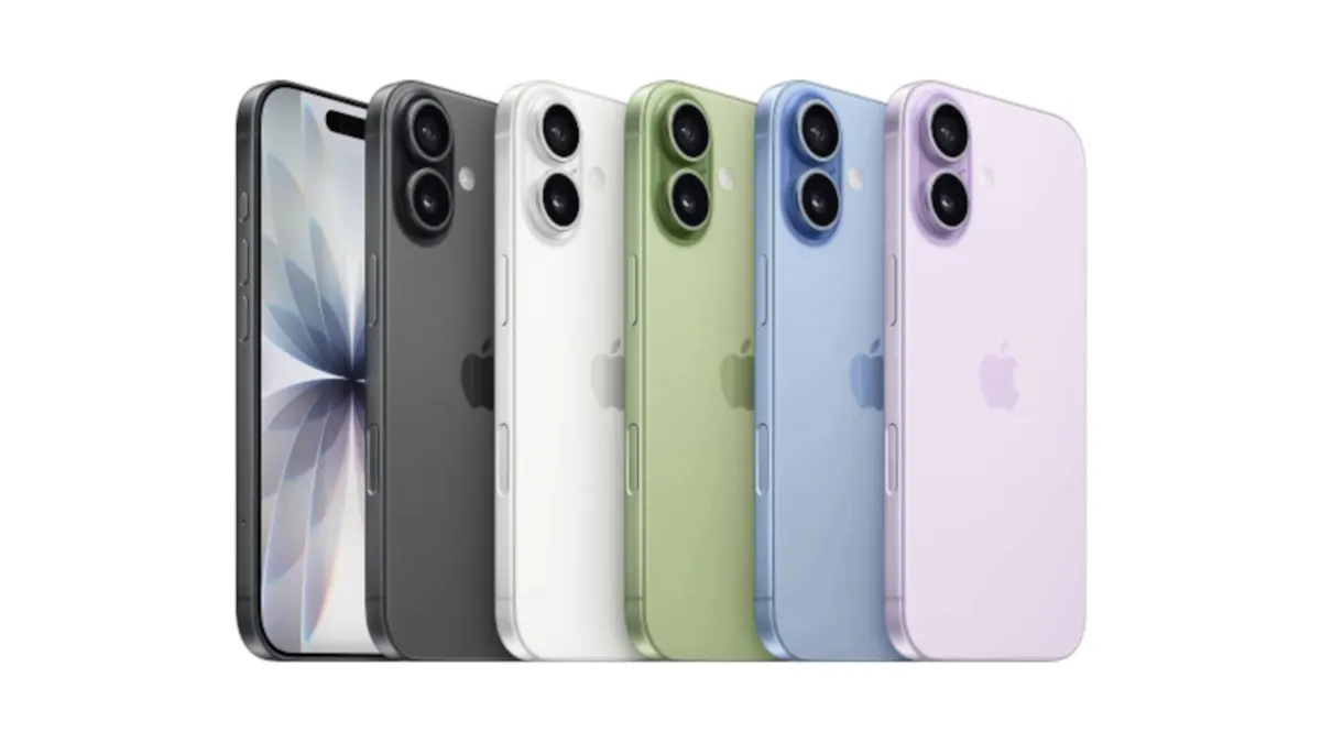 iPhone-17-Modelle in verschiedenen Farben nebeneinander aufgereiht.