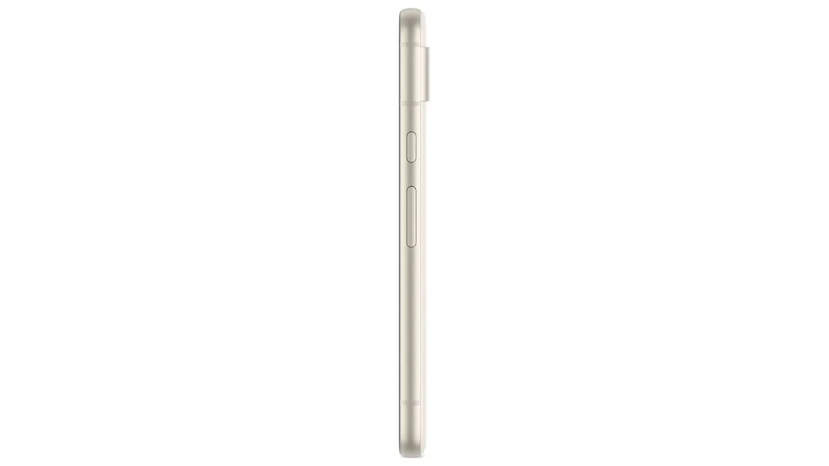 Ein beiges Smartphone ist seitlich mit Lautstärketasten und einem Netzschalter auf weißem Hintergrund zu sehen.