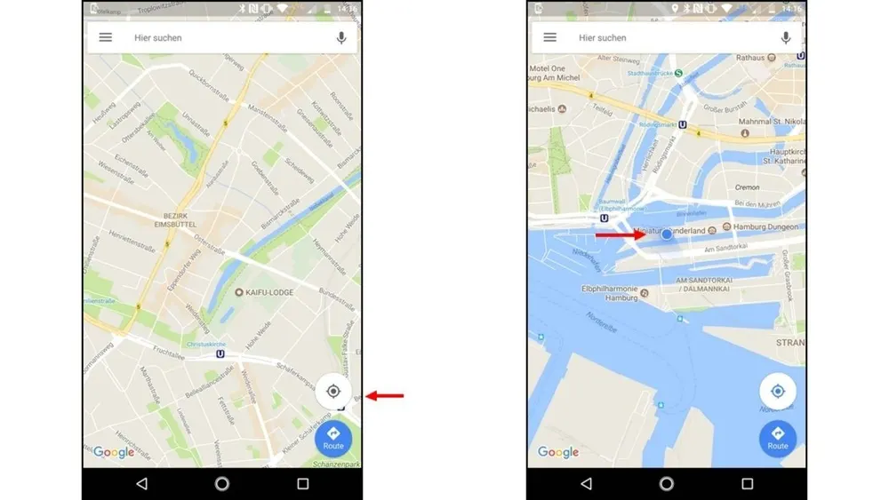 Zwei Smartphone-Screens mit Google Maps: Links Stadtteilkarte, rechts Hafenkarte Hamburg, beide mit Suchleiste und Navigationssymbolen.