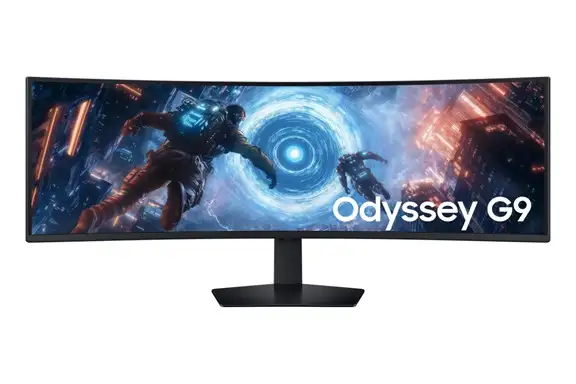 Der Curved-Monitor Samsung Odyssey G9 G91F vor weißem Hintergrund.