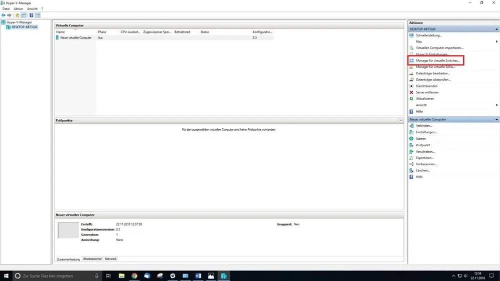 Hyper-V Manager-Fenster mit markierter Option "Manager für virtuelle Switches" im Aktionsbereich rechts. Details zu einem virtuellen Computer sind sichtbar.
