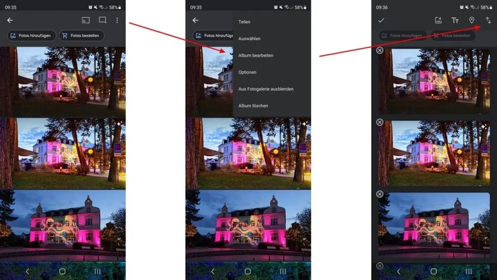 Drei Screenshots eines Mobiltelefons, die die Fotos-App mit einer Liste von Fotos eines beleuchteten Gebäudes im Freien zeigen. Menüoptionen werden angezeigt.