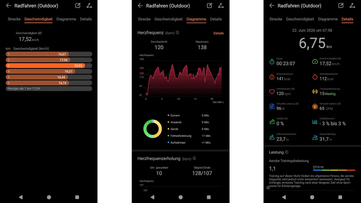 Drei Screenshots von Messdaten aus einem Radfahr-Training.