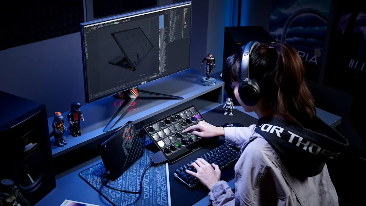 Eine Person mit Kopfhörern arbeitet an einem Schreibtisch mit Computermonitor, Tastatur und Zubehör. Figuren stehen auf dem Tisch.