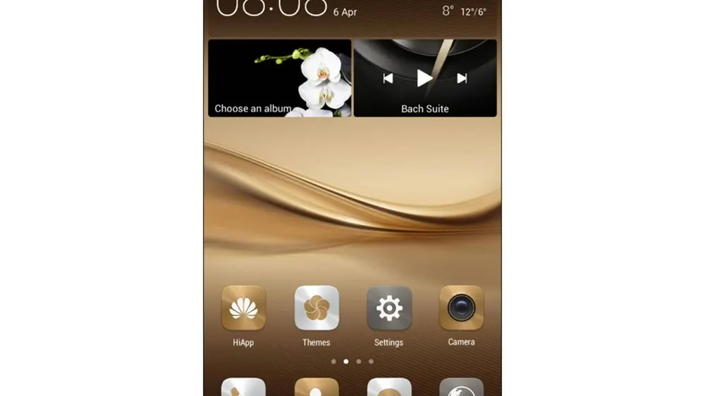 Handy-Display mit Uhrzeit, Datum und Wetter. Darunter Albumauswahl mit Orchideen und Musikplayer. Icons für Apps wie Kamera und Einstellungen.