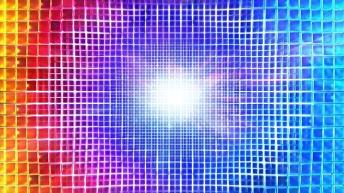 Abstraktes, farbintensives Mosaik mit zentralem Lichtpunkt, das als dynamischer Hintergrund für die SONY PlayStation®5 Pro 2 TB Konsole dienen könnte.