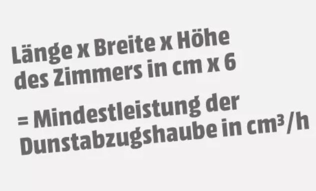 Die Formel zur Berechnung der Mindestleistung einer Dunstabzugshaube in Kubikzentimeter pro Stunde ist abgebildet.