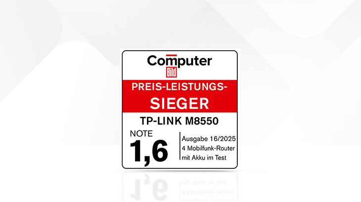 Siegel von „Computer Bild“ mit der Aufschrift „Preis-Leistungs-Sieger“. Darunter steht „TP-Link M8550“, Note „1,6“ sowie „Ausgabe 16/2025 – 4 Mobilfunk-Router mit Akku im Test“.