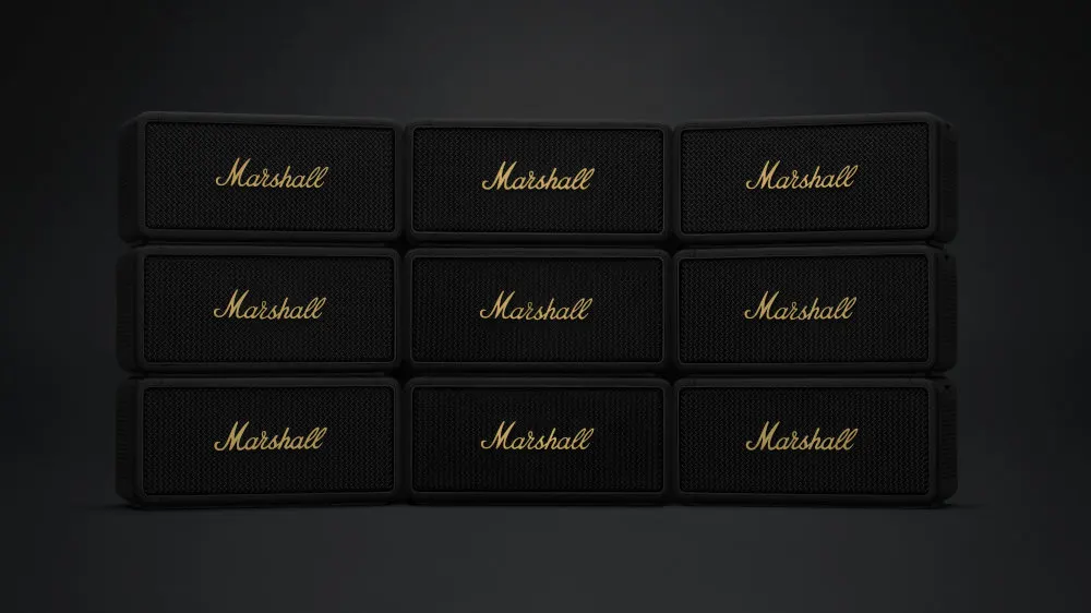 Eine 3 mal 3 große Mauer aus Marshall-Middleton-Lautsprechern im Stack-Modus