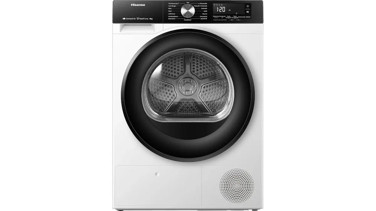 Weißer Hisense Wäschetrockner mit schwarzer Türumrandung und digitaler Anzeige. Das Innere der Trommel ist silbern. Unten befinden sich Lüftungsschlitze.