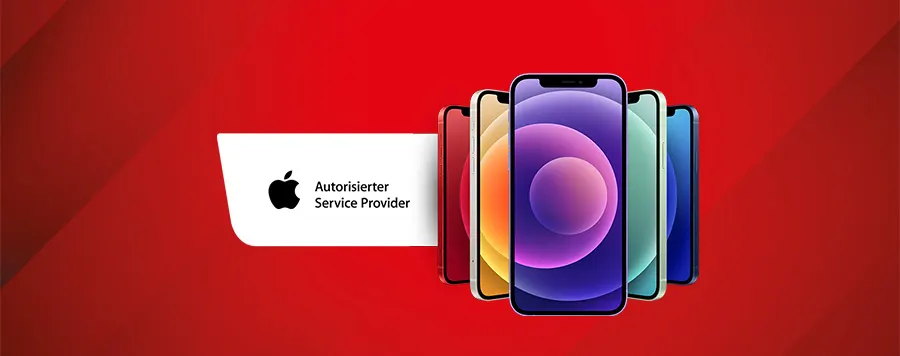 Auf rotem Grund stehen farbige iPhones neben dem Apple-Logo und dem Text "Autorisierter Service Provider".