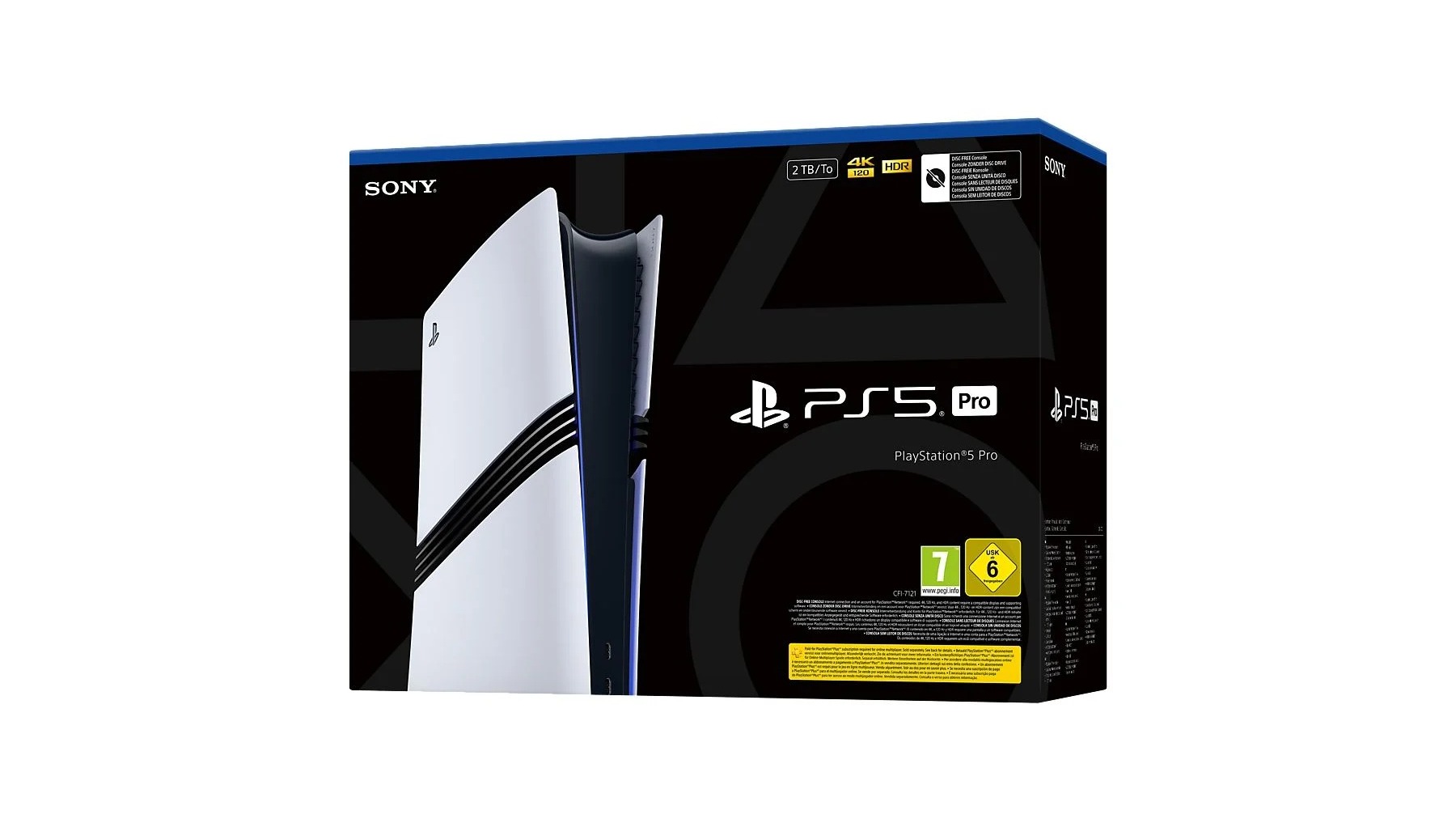 Verpackung der SONY PlayStation®5 Pro 2 TB Konsole mit Abbildung der Konsole, Logos und Alterskennzeichnung, gestaltet in modernem Schwarz‑Weiß‑Design.