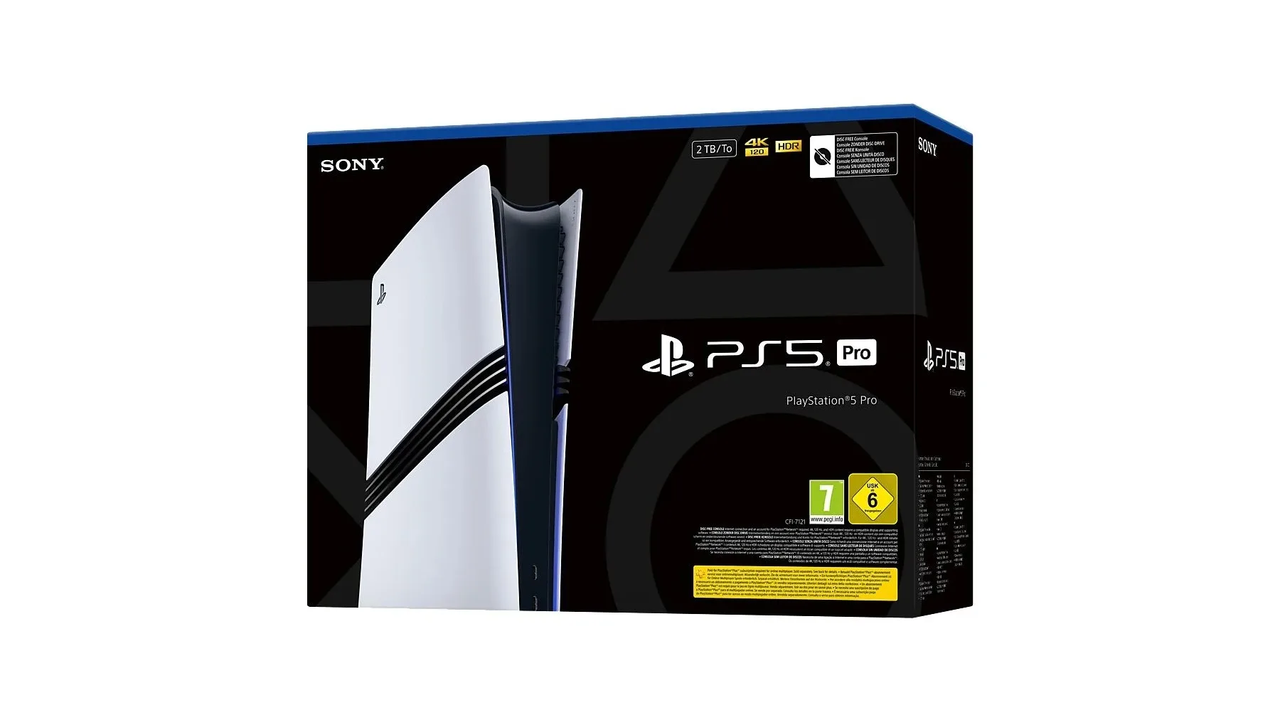 Verpackung der SONY PlayStation®5 Pro 2 TB Konsole mit Abbildung der Konsole, Logos und Alterskennzeichnung, gestaltet in modernem Schwarz‑Weiß‑Design.