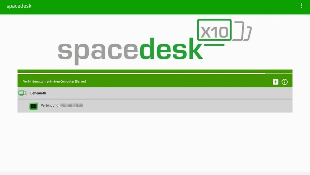 Anzeige mit grünem "spacedesk"-Logo, darunter "Verbindung zum primären Computer (Server)" und "Behemoth".