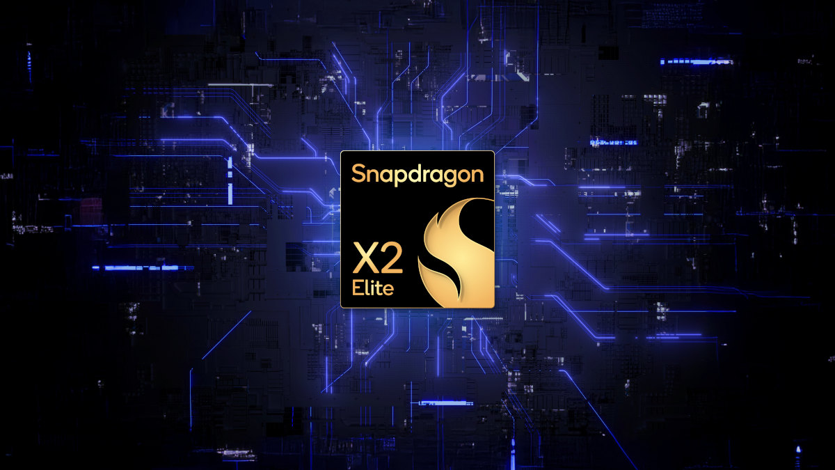 Der Chip Snapdragon X2 Elite vor animierten blauen Leiterbahnen.