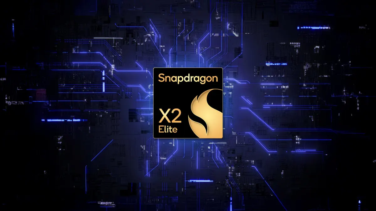 Der Chip Snapdragon X2 Elite vor animierten blauen Leiterbahnen.