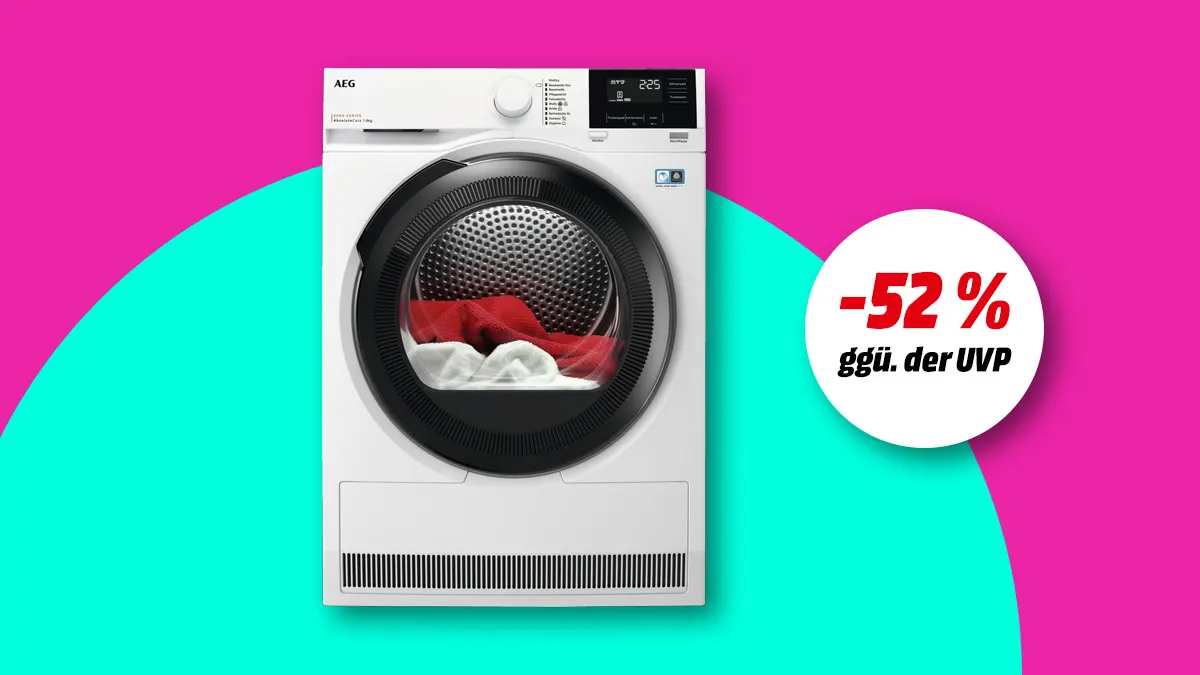 AEG TR8T60685 Wärmepumpentrockner, Hinweis auf 52 Prozent Rabatt gegenüber UVP auf buntem Hintergrund. 