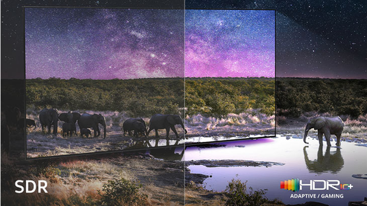 Ein zweigeteilter TV: Links sieht man die Qualität in SDR, rechts in HDR10+ Adaptive/Gaming