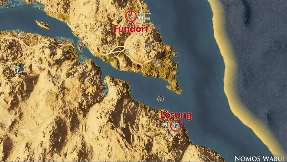 Eine Karte zeigt ein Wüstengebiet mit blauem Wasser. "Fundort" und "Lösung" sind rot markiert. "Nomos Wabui" ist unten rechts platziert.