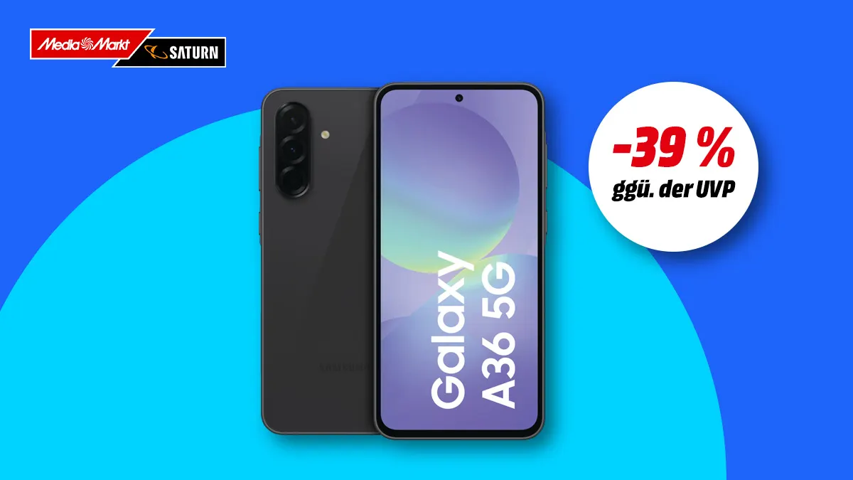SAMSUNG Galaxy A36 in Schwarz, Hinweis auf 39 Prozent Rabatt gegenüber UVP auf blauem Hintergrund. 