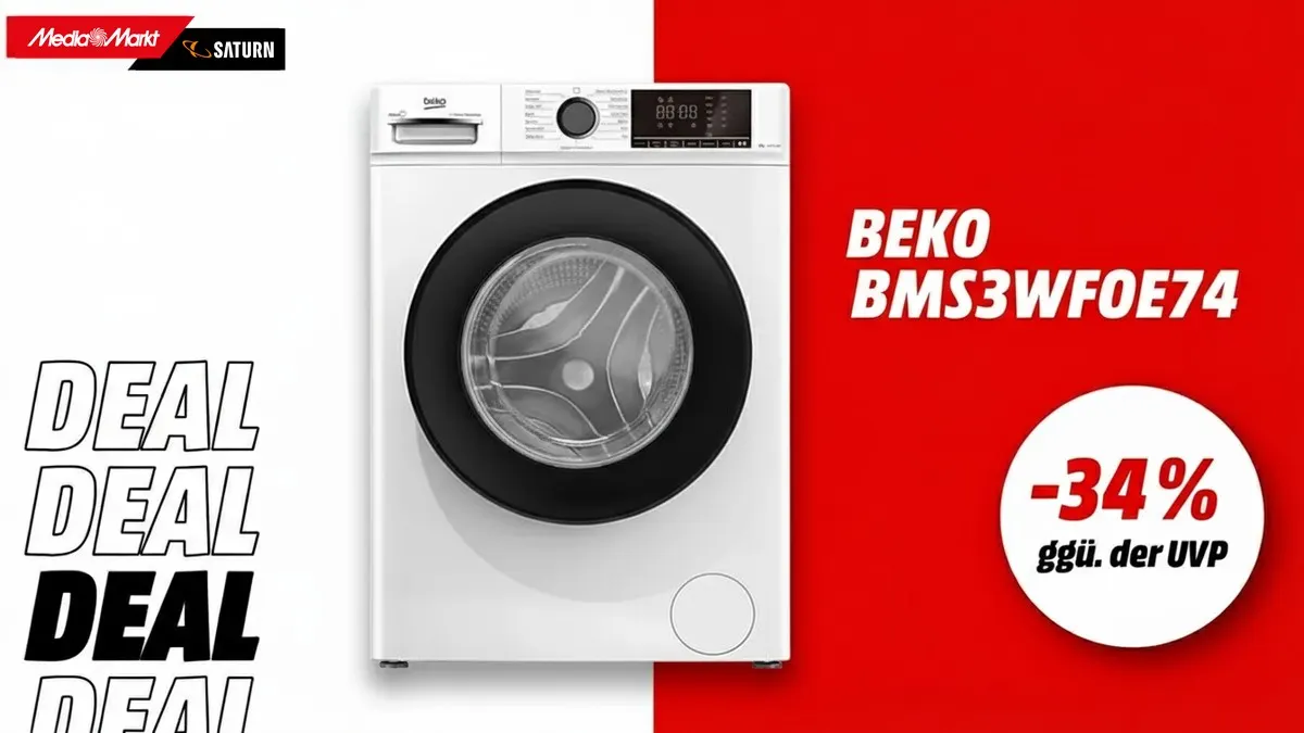 Die Beko Waschmaschine und Hinweis auf 34 Prozent gegenüber der UVP auf weiß-rotem Hintergrund.