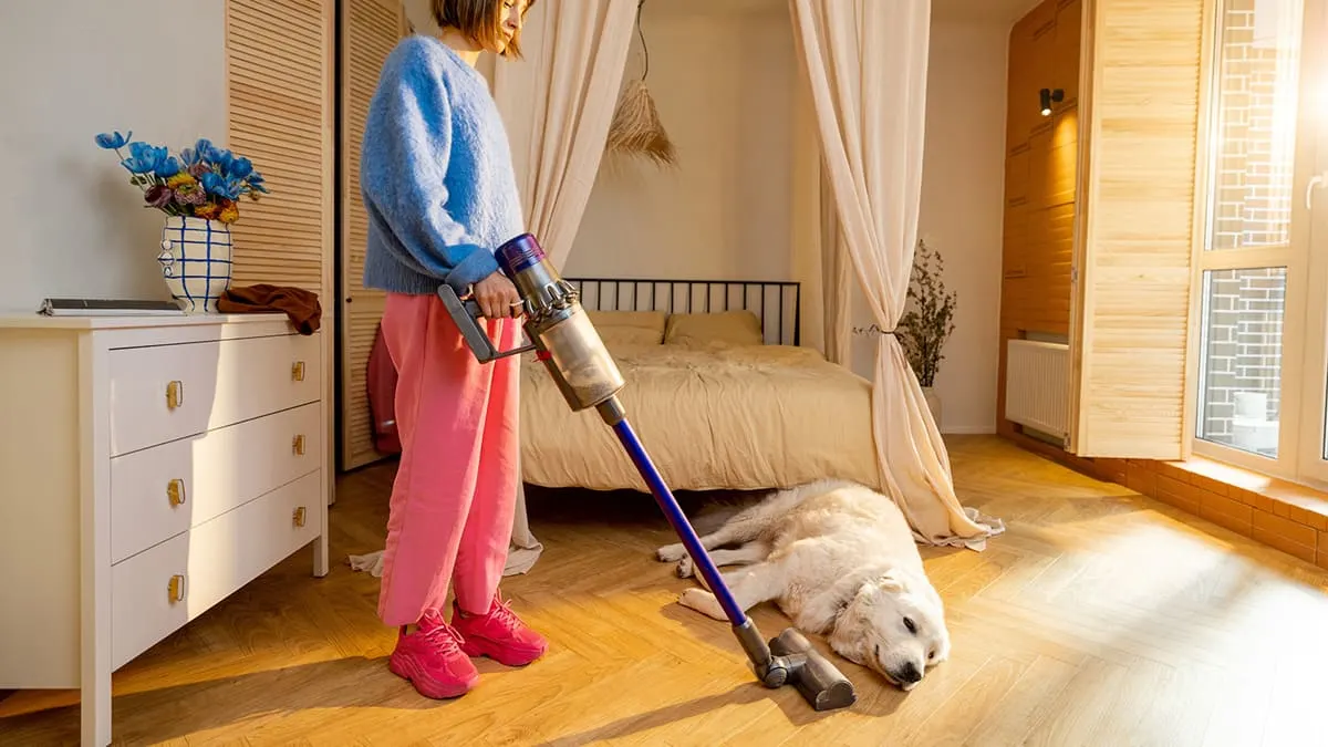 Eine Frau staubsaugt den Holzboden. Ein Hund liegt daneben. Im Hintergrund sind ein Bett, Fenster und Möbel zu sehen.