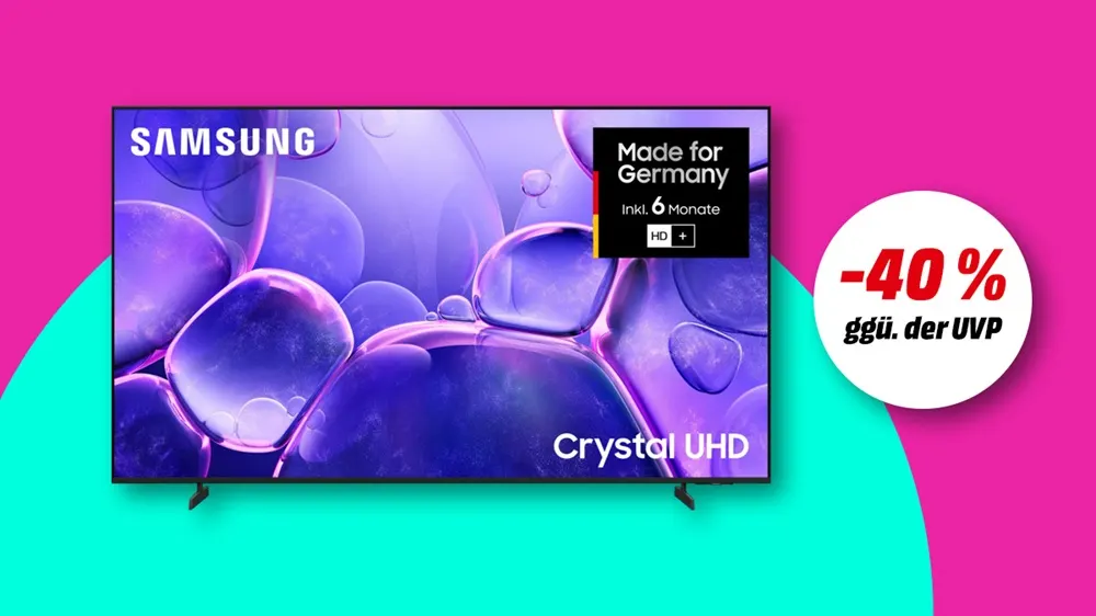 Samsung Crystal UHD 4K Smart-TV, Hinweis auf 40 Prozent Rabatt gegenüber UVP auf buntem Hintergrund. 