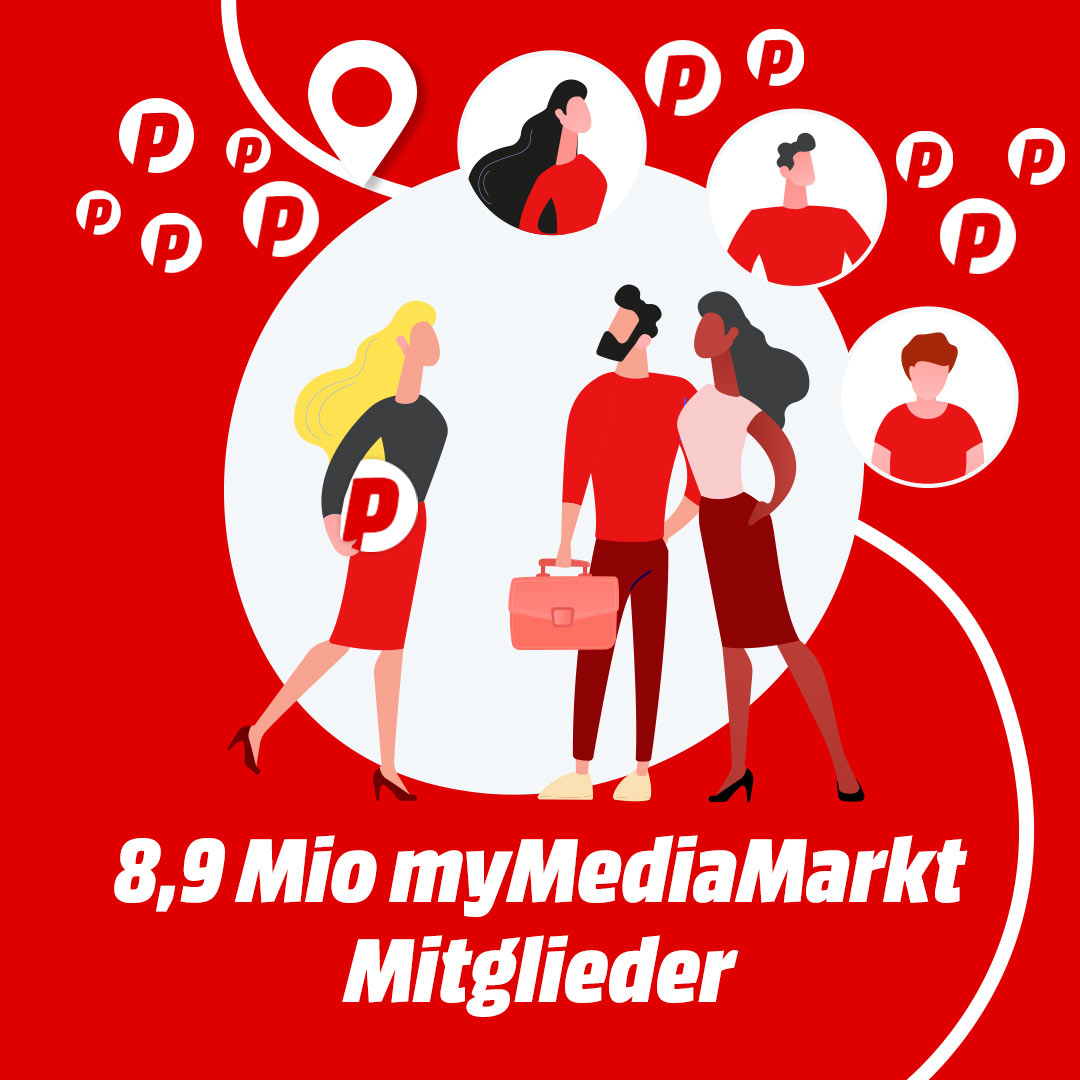 Roter Hintergrund mit Personen, Kreisen mit "P" und Text "8,9 Mio myMediaMarkt Mitglieder".