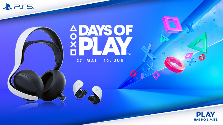 Over-ear und in-ear Kopfhörer sind auf einem bunten Hintergrund abgebildet. Text: Days of Play, 27. Mai bis 10. Juni.