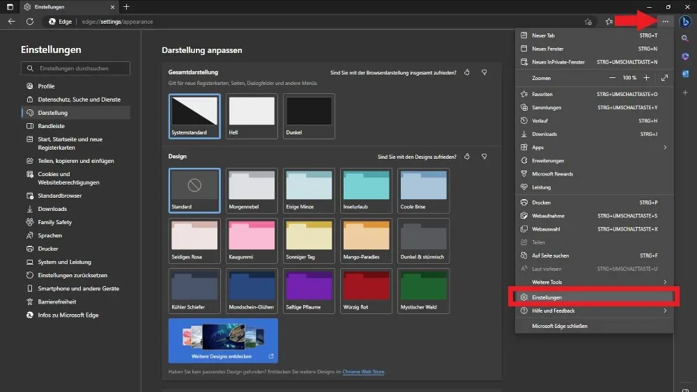 Browser-Einstellungen mit Optionen für Darstellung, Design und Zugriff auf weitere Tools via Menü. Pfeile markieren Bereiche.