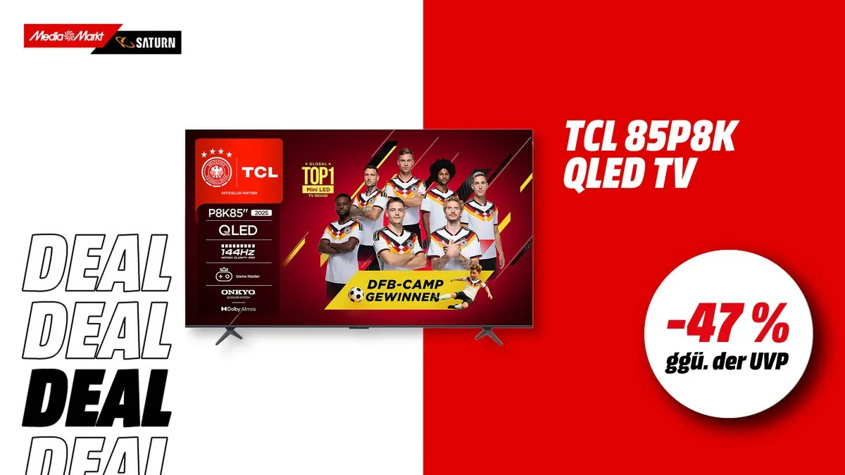 TCL 85P8K QLED TV, 85 Zoll Flat-Display mit QLED 4K und Smart TV, aktuell mit -47 % (ggü. der UVP) reduziert