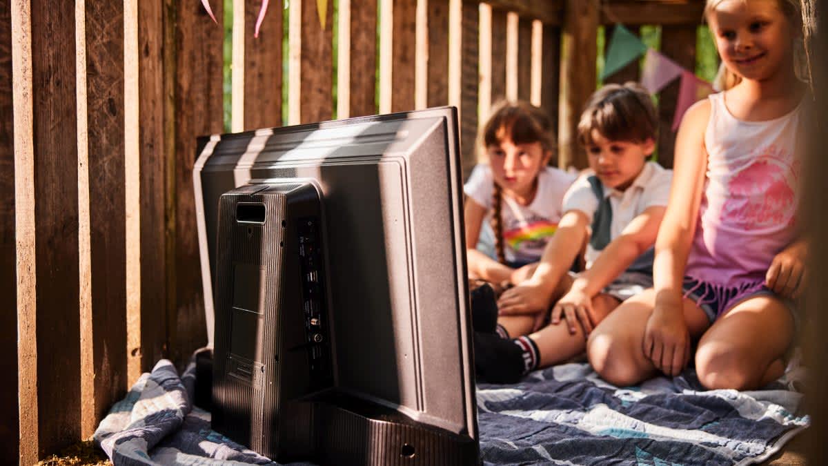 Kinder schauen im Baumhaus fern mit dem PEAQ Portable TV.