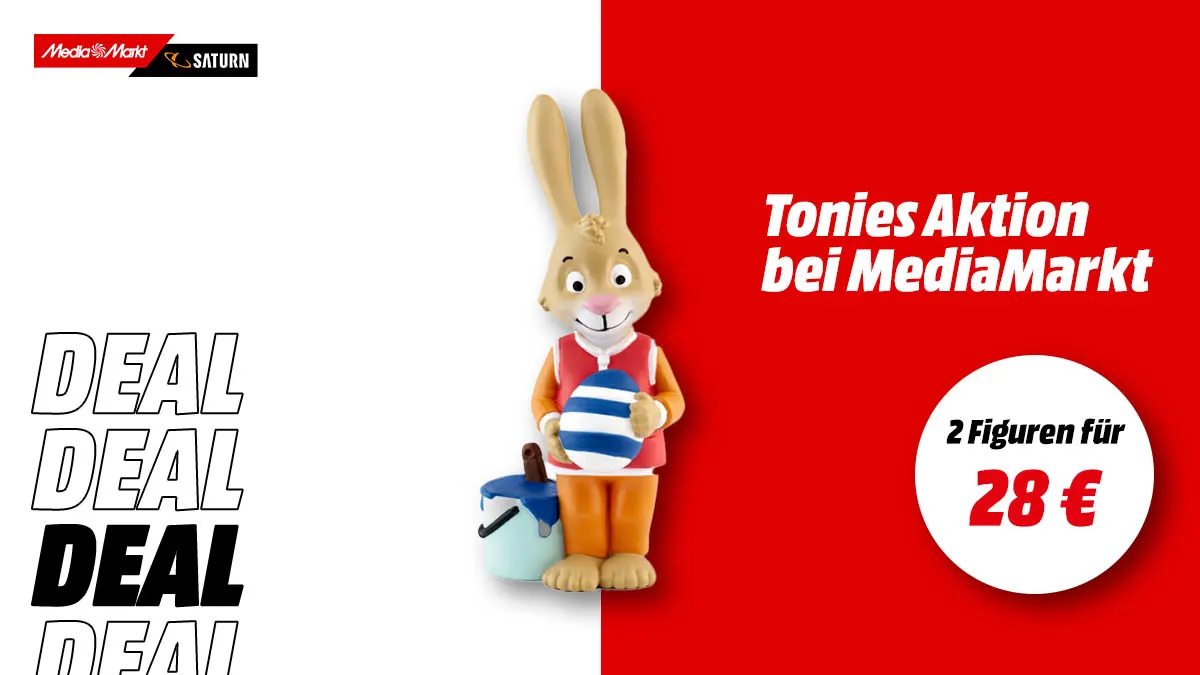 Tonies Hörfigur Rolf Zuckowskis Hasengeschichte und Hinweis auf Aktion auf weiß-rotem Hintergrund.