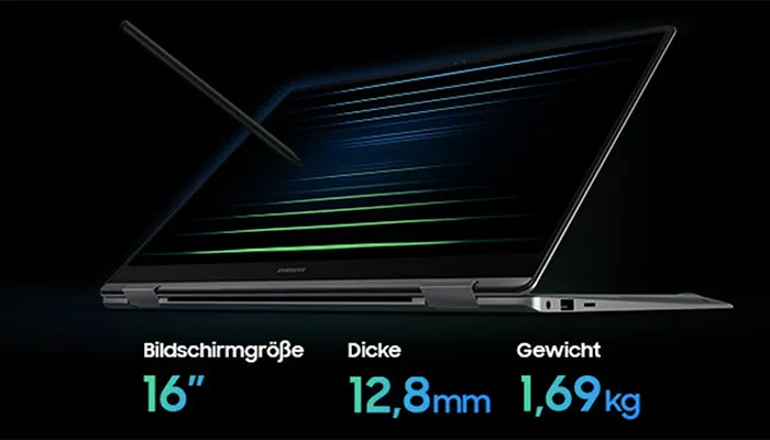 Ein Laptop mit Stift auf schwarzem Hintergrund. Die technischen Daten sind Bildschirmgröße 16", Dicke 12,8 mm, Gewicht 1,69 kg.
