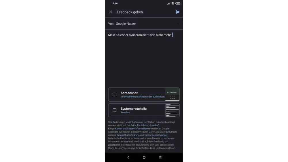 Auf einem dunklen Smartphone-Bildschirm ist ein Feedback-Formular für Google ausgefüllt. Der Kalender synchronisiert nicht. Optionen für Screenshot und Systemprotokolle.