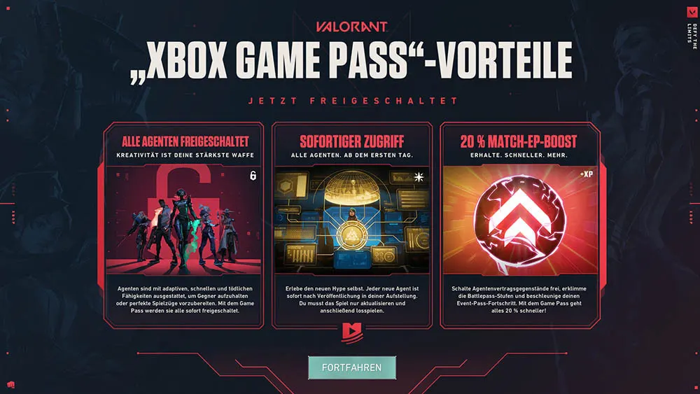 Werbung für Valorant Xbox Game Pass-Vorteile: Agenten, Sofortiger Zugriff, 20% Match-EP-Boost. Schrift und Spielgrafiken auf dunklem Hintergrund.