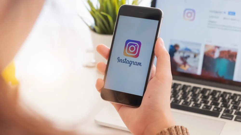 Eine Hand hält ein Smartphone mit dem Instagram-Logo vor einem Laptop und einer Topfpflanze.
