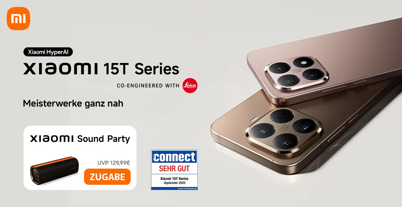 Werbebanner zur Xiaomi 15T Series, co‑engineered with Leica. Rechts zwei Smartphones in Bronze-/Roségold mit großem Vierfach‑Kameramodul. Links Text „Meisterwerke ganz nah“, Xiaomi HyperAI Logo, sowie Aktionsfeld „Xiaomi Sound Party – Zugabe“. Unten ein Testsiegel „connect – sehr gut“.