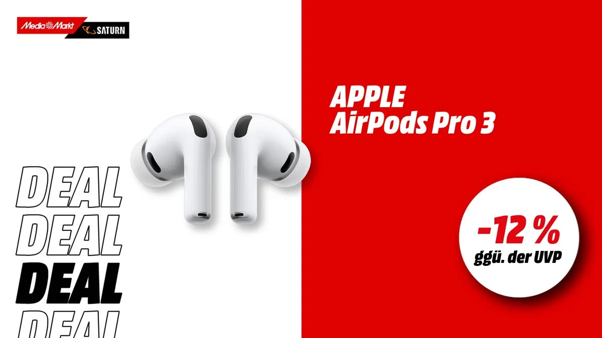Apple AirPods Pro 3 In-Ear Kopfhörer in Weiß — aktuell mit -12 % (ggü. der UVP) reduziert bei MediaMarkt