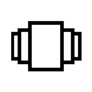 Schwarze Umrisse von fünf überlappenden Rechtecken auf einem weißen Hintergrund, die ein Layout- oder Galerie-Symbol darstellen.