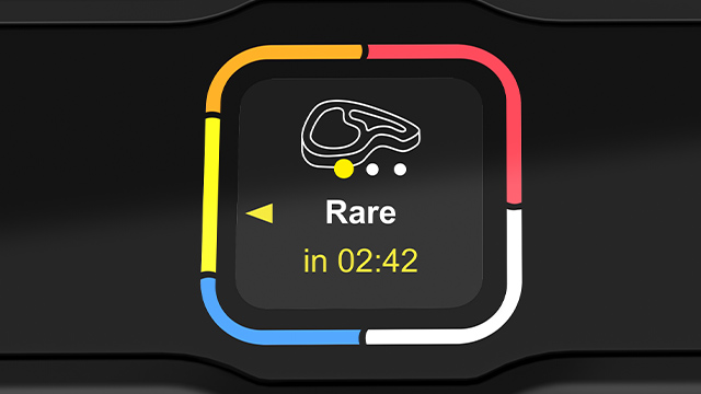 Auf einem schwarzen Bildschirm ist ein Symbol für ein Steak und die Garstufe „Rare in 02:42“ zu sehen.